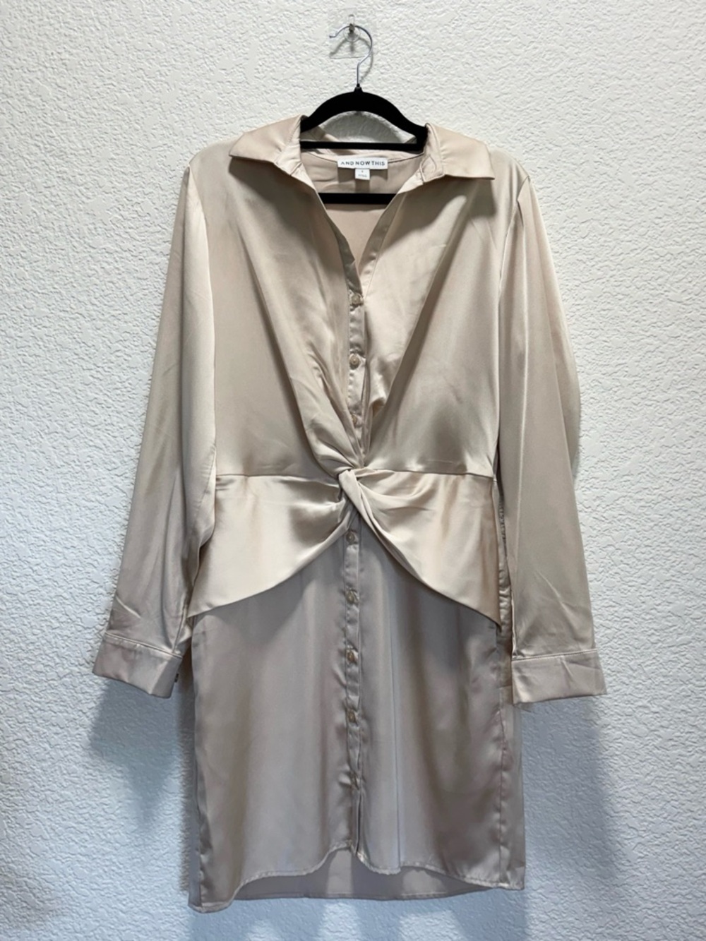 Twisted Front Satin Shirt Dress in Champagne